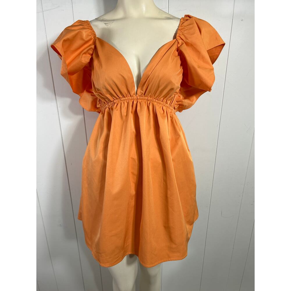 FORE Carolyn Statement Flutter Sleeve Mini Dress in Orange Size S - Picture 2 of 10